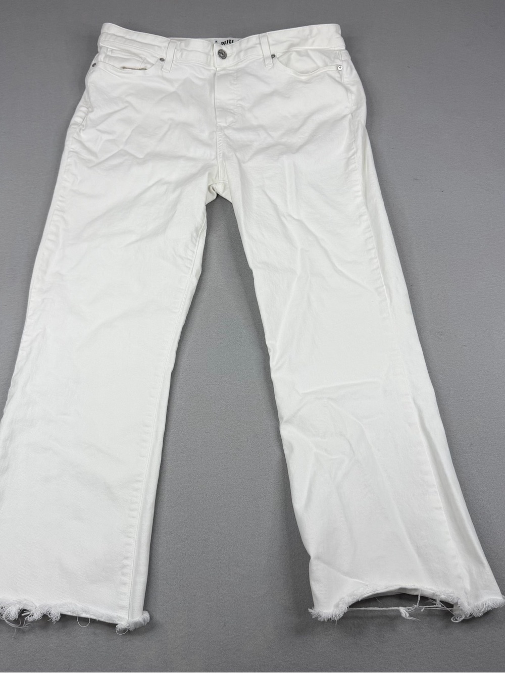 PAIGE Laurel Canyon Jeans 32 High Rise White Bootcut Raw Hem Stretch Denim